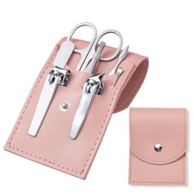 Stainless Steel Nail Clipper Household Ear Spoon Pedicure Cutter Scissors Cuticle Tool Travel Case Kit (Option: Pink leather 7pcs set)